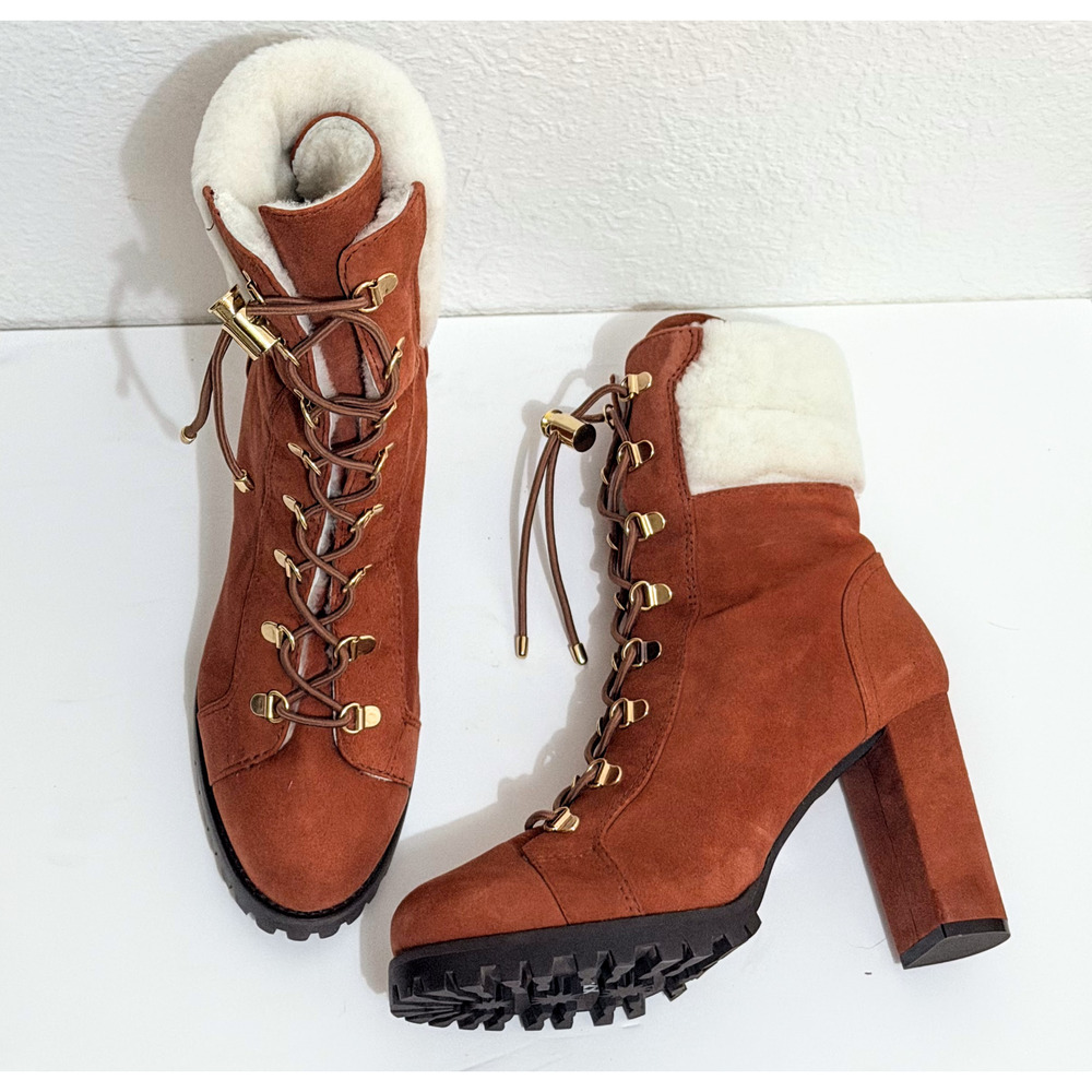Stuart Weitzman Cycler 4" High Block Heel Combat Boot (Sz 9 B), Suede & Sherpa